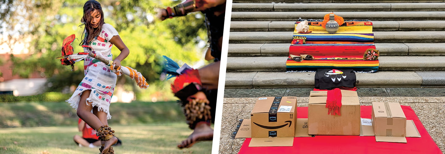 Person in cultural clothing dancing and an altar of three boxes and Indigenous pieces