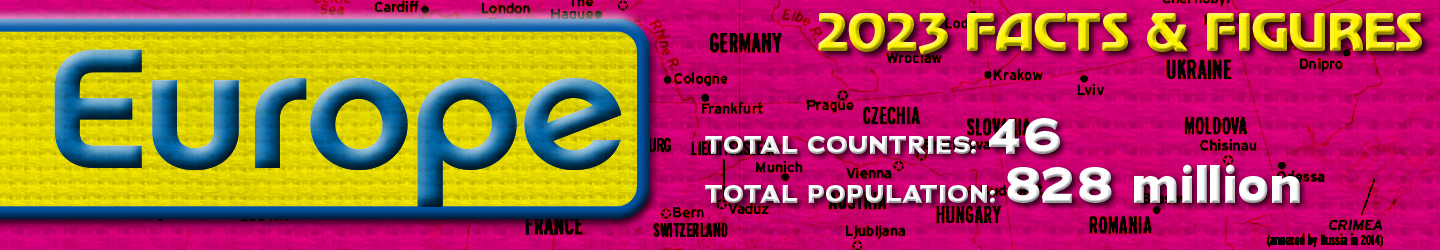 Text reads: Europe, 2023 Facts & Figures; Total Countries: 46, Total Population: 828 million