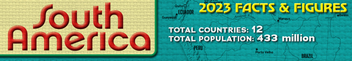 Text reads: South America, 2023 Facts & Figures; Total Countries: 12, Total Population: 433 million