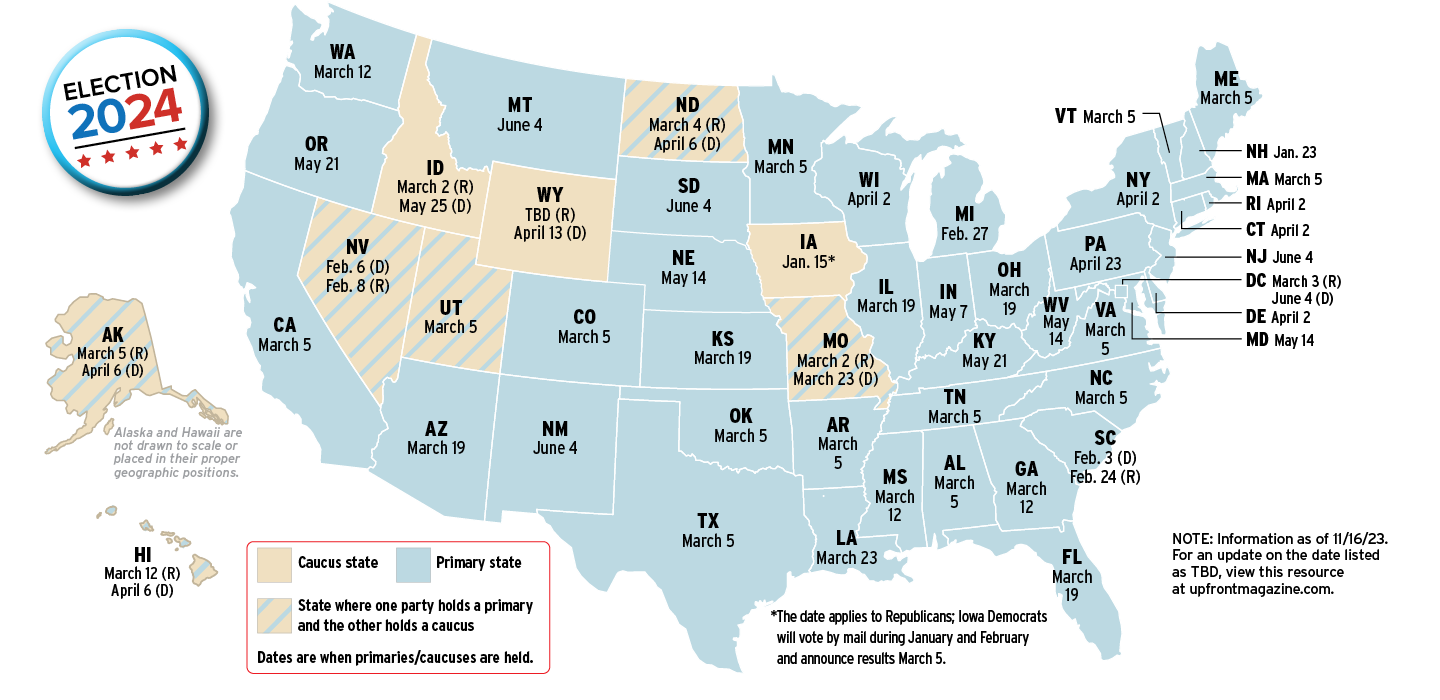 Map of America showing where the primary states are for 2024 Election