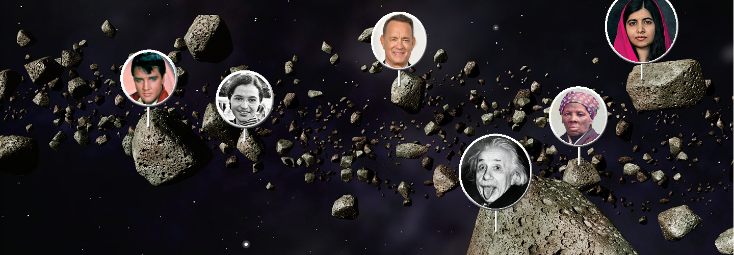 Image of asteroid labeled as Elvis, Rosa Parks, Tom Hanks, Einstein, Harriet Tubman, & Malala