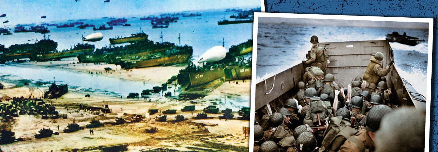 Colorized images of Pearl Harbor and U.S. soldiers on a boat at sea