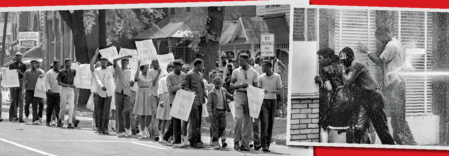 Black & white photo of people marching for equality in AL 1963 and image of people being hosed down