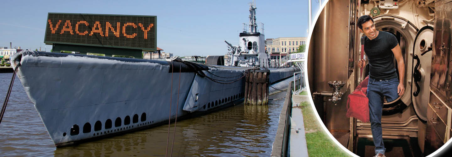 Image of a large submarine advertising &apos;Vacancy&apos;
