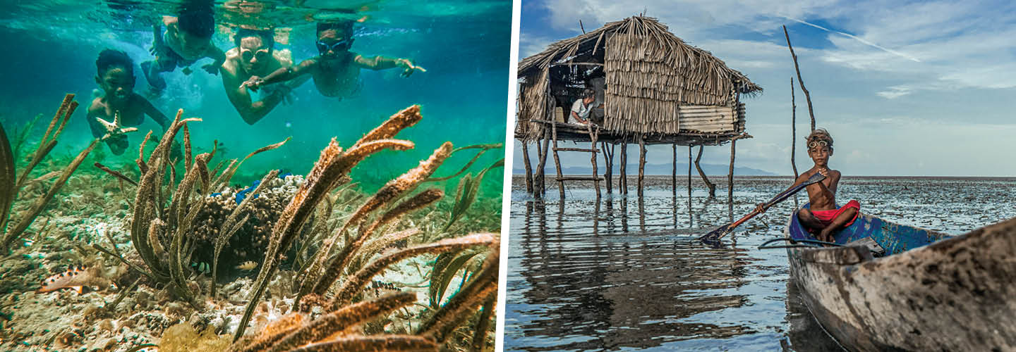 Left: kids swimming underwater. Right: a boy on a small boat in front of his house