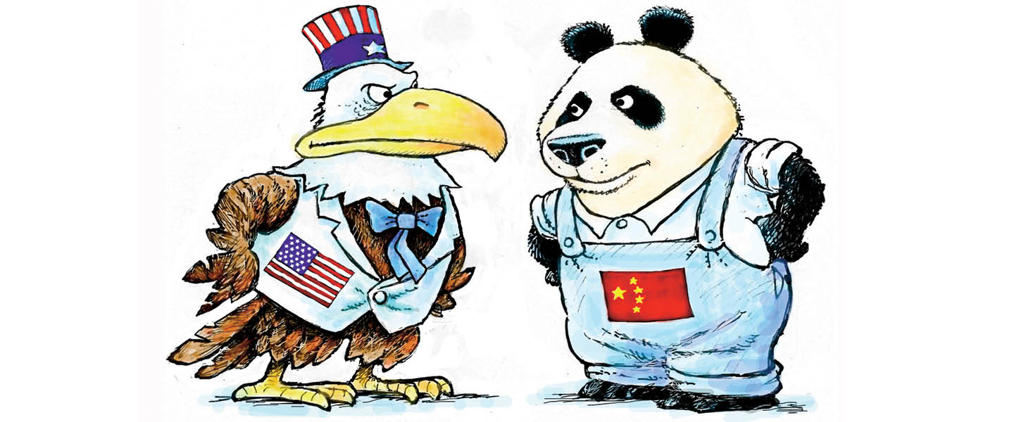 Illustration of American Eagle and Chinese Panda staring one another down