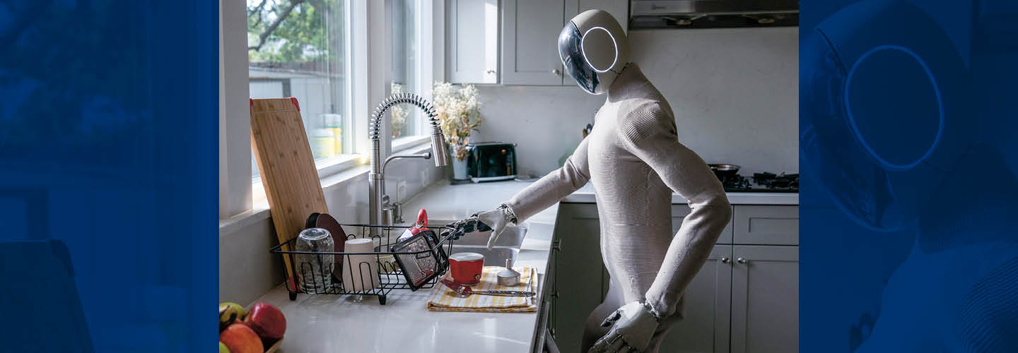 Image of human-sized robot doing the dishes in a kitchen